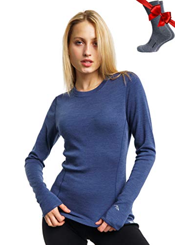 Merino.tech Merino Shirt Damen Langarm - Premium 100% Merino Unterwäsche Damen Mittel + Wollsocken (Small, Windsor Blue 250) von Merino.tech