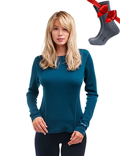 Merino.tech Merino Shirt Damen Langarm - Premium 100% Merino Unterwäsche Damen Mittel + Wollsocken (X-Large, 250 Deep Teal) von Merino.tech