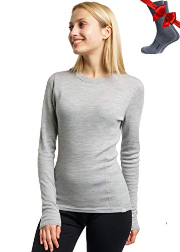 Merino.tech Merino Shirt Damen Langarm - Premium 100% Merino Unterwäsche Damen Mittel + Wollsocken (X-Large, Gray Heather 250) von Merino.tech