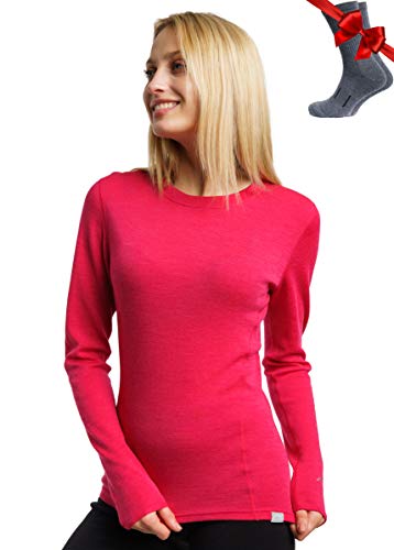 Merino.tech Merino Shirt Damen Langarm - Premium 100% Merino Unterwäsche Damen Mittel + Wollsocken (X-Large, Magenta 250) von Merino.tech