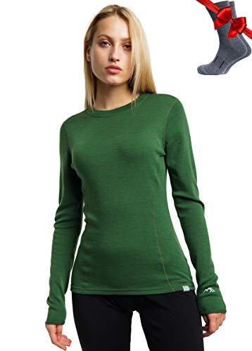 Merino.tech Merino Shirt Damen Langarm - Premium 100% Merino Unterwäsche Damen Mittel + Wollsocken (X-Large, Olive 250) von Merino.tech