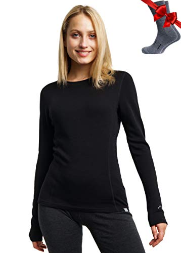 Merino.tech Merino Shirt Damen Langarm - Premium 100% Merino Unterwäsche Damen Langarmshirt, Sportunterhemden + Wollsocken (X-Small, Black 250) von Merino.tech