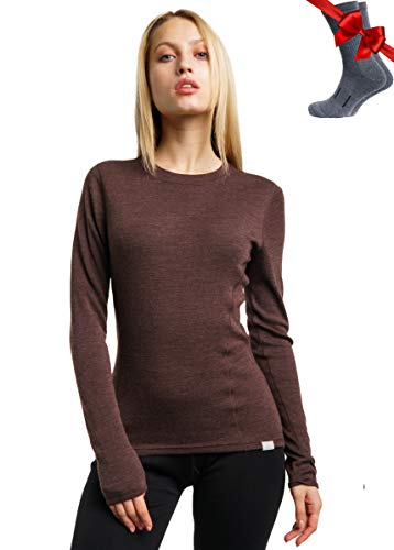 Merino.tech Merino Shirt Damen Langarm - Premium 100% Merino Unterwäsche Damen Mittel + Wollsocken (X-Small, Chocolate 250) von Merino.tech