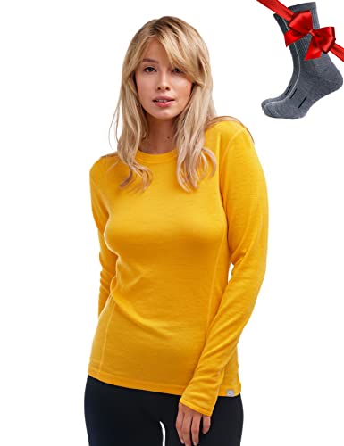 Merino.tech Merino Shirt Damen Langarm - Premium 100% Merino Unterwäsche Damen Mittel + Wollsocken (XX-Large, 250 Mango Tango) von Merino.tech