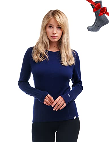 Merino.tech Merino Shirt Damen Langarm - Premium 100% Merino Unterwäsche Damen Langarmshirt, Sportunterhemden + Wollsocken (XX-Large, 250 Navy) von Merino.tech