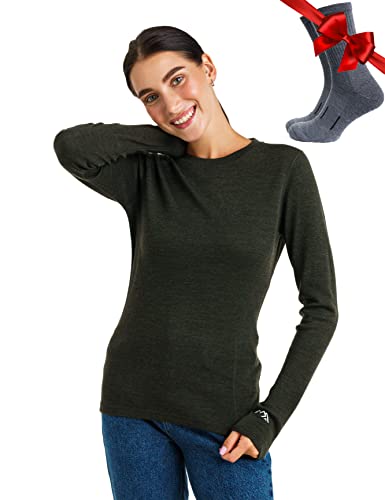 Merino.tech Merino Shirt Damen Langarm - Premium 100% Merino Unterwäsche Damen Schwere + Wollsocken (Large, 320 Army Green) von Merino.tech