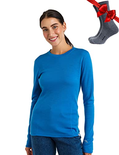Merino.tech Merino Shirt Damen Langarm - Premium 100% Merino Unterwäsche Damen Schwere + Wollsocken (Large, 320 Ocean Blue) von Merino.tech
