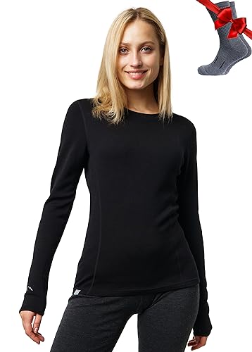 Merino.tech Merino Shirt Damen Langarm - Premium 100% Merino Unterwäsche Damen Langarmshirt, Sportunterhemden + Wollsocken (X-Large, 320 Black) von Merino.tech