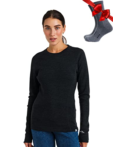 Merino.tech Merino Shirt Damen Langarm - Premium 100% Merino Unterwäsche Damen Langarmshirt, Sportunterhemden + Wollsocken (X-Small, 320 Charcoal Grey) von Merino.tech