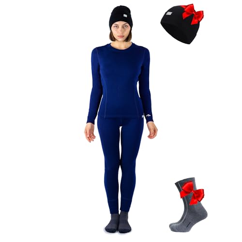 Merino.tech Merino-Wolle Baselayer Damen Thermo-Set + Mütze (Small, Navy) von Merino.tech