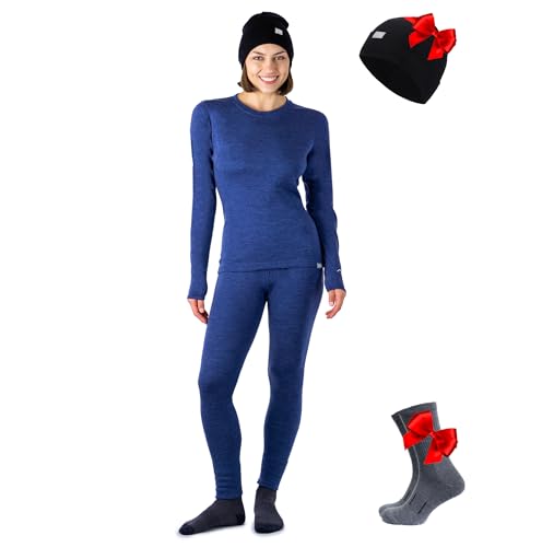 Merino.tech Merino-Wolle Baselayer Damen Thermo-Set + Mütze (X-Large, Windsor Blue) von Merino.tech