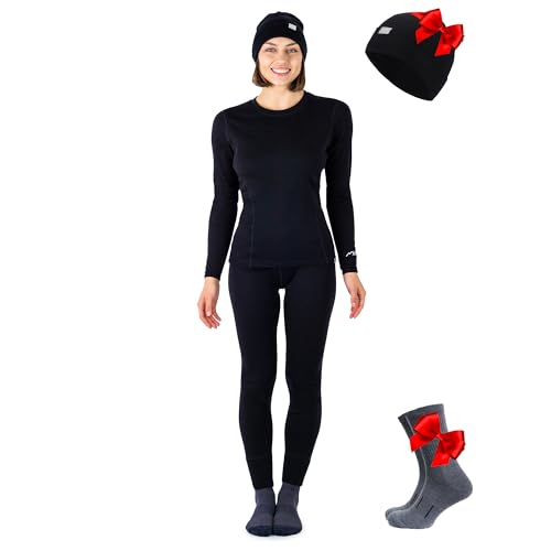 Merino.tech Merino-Wolle Baselayer Damen Thermo-Set + Mütze (X-Small, Black) von Merino.tech