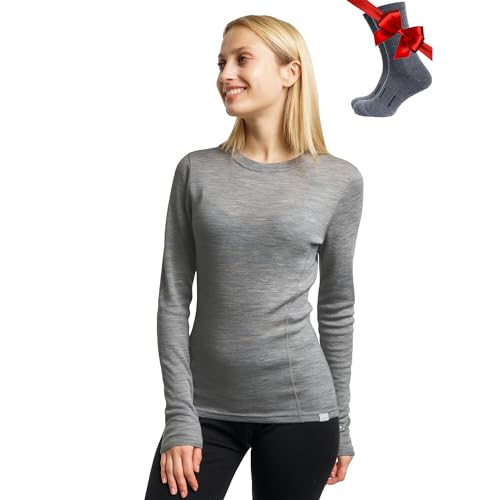 Merino.tech Merino Shirt Damen Langarm - Premium 100% Merino Unterwäsche Damen Langarmshirt, Sportunterhemden + Wollsocken (Large, Gray Heather 250) von Merino.tech