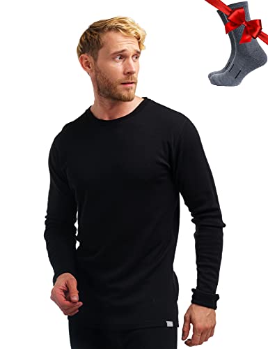 100% Merino Unterwäsche Herren - Merino Langarmshirt Herren Atmungsaktiv Und Feuchtigkeitsableitend Mittel + Wollsocken (Medium, Black 250) von Merino.tech