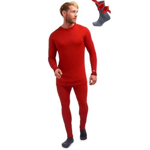 Merino.tech Merino Wool Baselayer Herren Set - Mittelschwer Merino Wool Thermounterwäsche für Herren Long John Set - Oben und Unten (Large, 250 Cherry Red) von Merino.tech