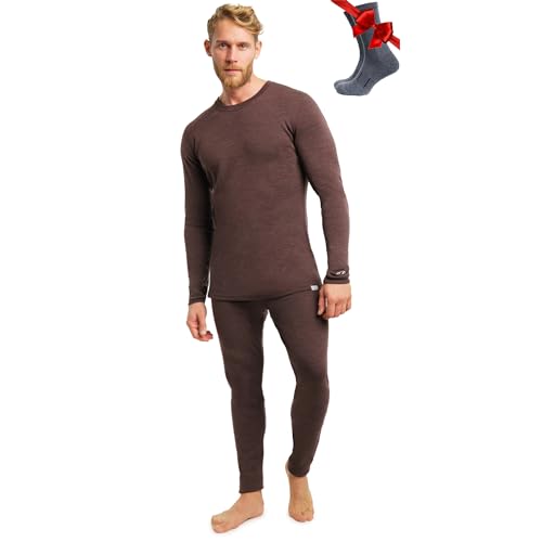 Merino.tech Merino Wool Baselayer Herren Set - Mittelschwer Merino Wool Thermounterwäsche für Herren Long John Set - Oben und Unten (Large, 250 Chocolate) von Merino.tech