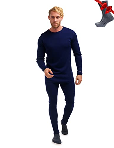 Merino.tech Merino Wool Baselayer Herren Set - Mittelschwer Merino Wool Thermounterwäsche für Herren Long John Set - Oben und Unten (Large, 250 Navy) von Merino.tech