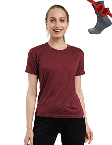 Merino.tech 100% Merino T Shirt Damen - Merinowolle Sport Wandern Thermoshirt Damen + Wandersocken (Large, Burgundy Crewneck) von Merino.tech