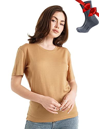 Merino.tech 100% Merino T Shirt Damen - Merinowolle Sport Wandern Thermoshirt Damen + Wandersocken (Large, Camel Crewneck) von Merino.tech