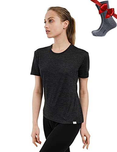 Merino.tech 100% Merino T Shirt Damen - Merinowolle Sport Wandern Thermoshirt Damen + Wandersocken (Large, Charcoal Crewneck) von Merino.tech