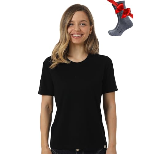Merino.tech 100% Merino T Shirt Damen - Merinowolle Sport Wandern Thermoshirt Damen + Wandersocken (Medium, Black Crewneck) von Merino.tech