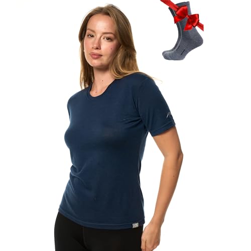 Merino.tech 100% Merino T Shirt Damen - Merinowolle Sport Wandern Thermoshirt Damen + Wandersocken (Medium, Navy Crewneck) von Merino.tech