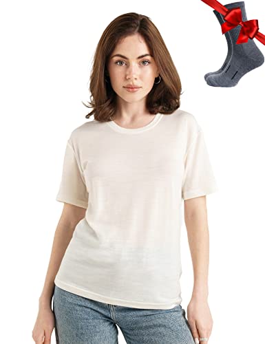 Merino.tech 100% Merino T Shirt Damen - Merinowolle Sport Wandern Thermoshirt Damen + Wandersocken (Medium, Off White Crewneck) von Merino.tech