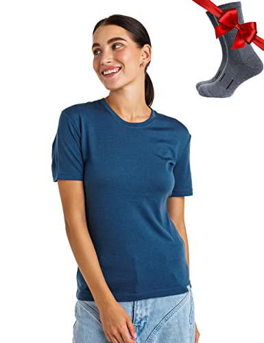 Merino.tech 100% Merino T Shirt Damen - Merinowolle Sport Wandern Thermoshirt Damen + Wandersocken (Small, Denim Blue Crewneck) von Merino.tech