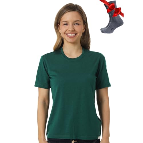 Merino.tech 100% Merino T Shirt Damen - Merinowolle Sport Wandern Thermoshirt Damen + Wandersocken (X-Large, Forest Green Crewneck) von Merino.tech