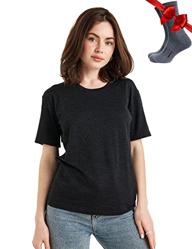 Merino.tech 100% Merino T Shirt Damen - Merinowolle Sport Wandern Thermoshirt Damen + Wandersocken (X-Large, Heathered Black Crewneck) von Merino.tech