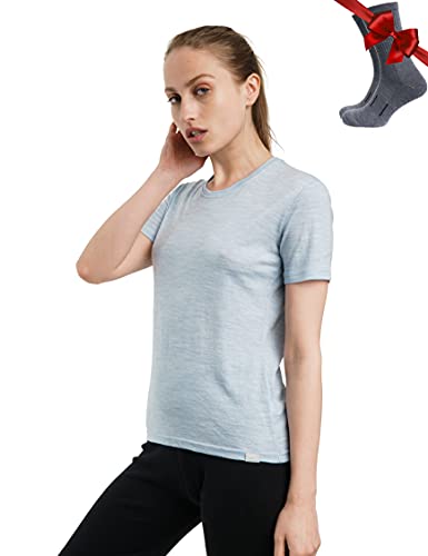 Merino.tech 100% Merino T Shirt Damen - Merinowolle Sport Wandern Thermoshirt Damen + Wandersocken (X-Small, Arctic Crewneck) von Merino.tech