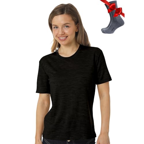 Merino.tech 100% Merino T Shirt Damen - Merinowolle Sport Wandern Thermoshirt Damen + Wandersocken (X-Small, Heathered Black Crewneck) von Merino.tech