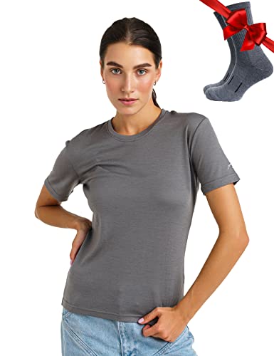 Merino.tech 100% Merino T Shirt Damen - Merinowolle Sport Wandern Thermoshirt Damen + Wandersocken (X-Small, Perfect Grey Crewneck) von Merino.tech