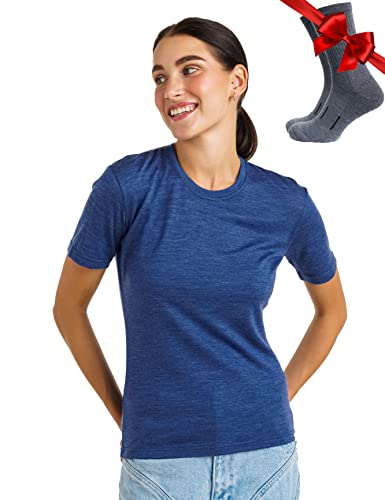 Merino.tech 100% Merino T Shirt Damen - Merinowolle Sport Wandern Thermoshirt Damen + Wandersocken (X-Small, Windsor Blue Crewneck) von Merino.tech
