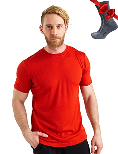 Premium Merino Shirt Herren Kurzarm - Atmungsaktiv 100% Merinowolle Tshirt Herren + Wanderwollsocken (Small, Red) von Merino.tech
