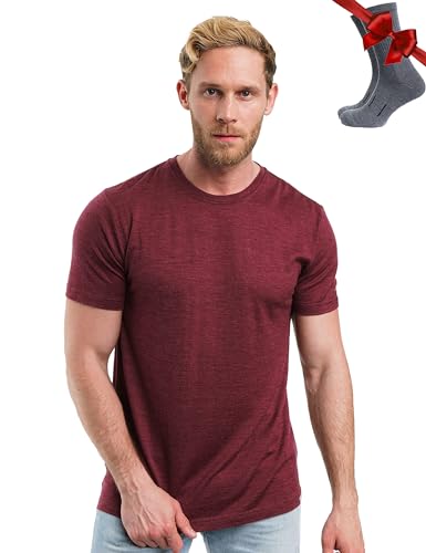 Premium Merino Shirt Herren Kurzarm - Thermooberteile 100% Merino Unterwäsche Herren + Wanderwollsocken (Burgundy Wine, XX-Large) von Merino.tech
