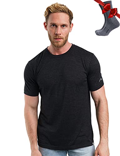 Premium Merino Shirt Herren Kurzarm - Atmungsaktiv 100% Merinowolle Tshirt Herren + Wanderwollsocken (Charcoal Grey, Medium) von Merino.tech