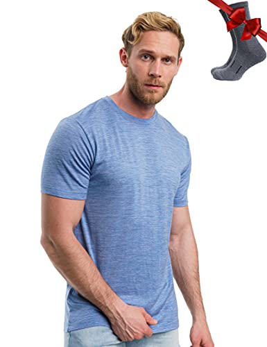 Premium Merino Shirt Herren Kurzarm - Sporthemden 100% Merino Unterwäsche Herren + Wanderwollsocken (Deep Blue, Large) von Merino.tech