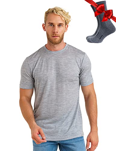 Premium Merino Shirt Herren Kurzarm - Atmungsaktiv 100% Merinowolle Tshirt Herren + Wanderwollsocken (Medium, Melange Grey) von Merino.tech