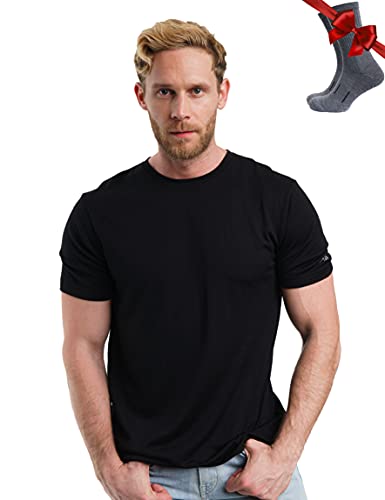 Premium Merino Shirt Herren Kurzarm - Atmungsaktiv 100% Merinowolle Tshirt Herren + Wanderwollsocken (XLarge, Black Ink) von Merino.tech