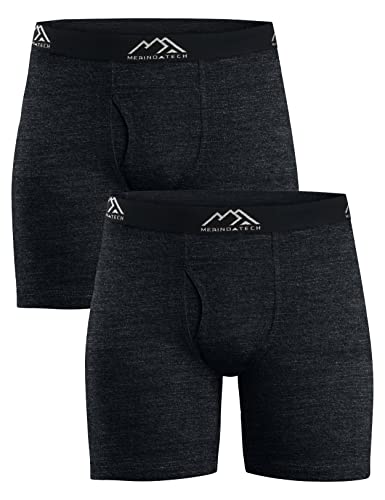 Merino.tech Unterwäsche Herren - 100% Merino Boxershorts Herren Wolle, Atmungsaktiv Und Feuchtigkeitsableitend (Large, 2er-Pack – 170 meliertes Schwarz) von Merino.tech