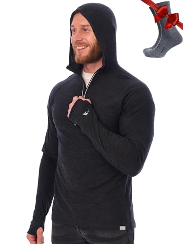 Merino.tech 100% Merino Hoody Herren mit Kapuze – Thermoshirt Hoodies für Männer aus Merinowolle, Kapuzenpullover für Herren (Anthrazitgrau, Groß) von Merino.tech