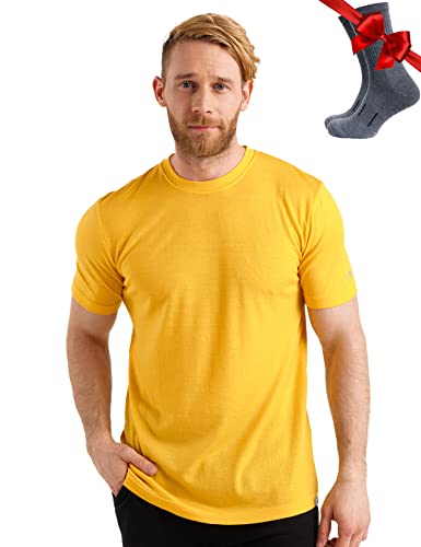 Merinowolle T-Shirt Herren - 100% Bio-Merinowolle Unterhemd Leichte Basisschicht + Wanderwollsocken (Large, Mustard) von Merino.tech