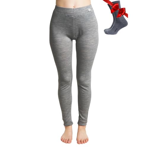 Merinowolle Thermounterwäsche Damen - Merino Unterhose Damen Merino Leggings + Wollsocken (Medium, Gray Heather 250) von Merino.tech