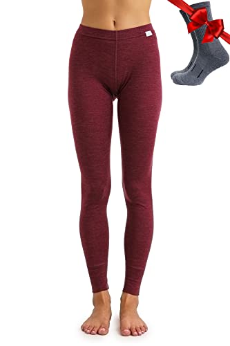 Merinowolle Thermounterwäsche Damen - Merino Unterhose Damen Merino Leggings + Wollsocken (X-Large, 165 Burgundy) von Merino.tech