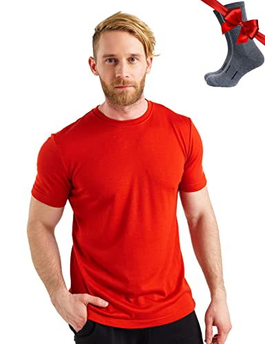 Premium Merino Shirt Herren Kurzarm - Thermooberteile 100% Merino Unterwäsche Herren + Wanderwollsocken(Medium, Red) von Merino.tech