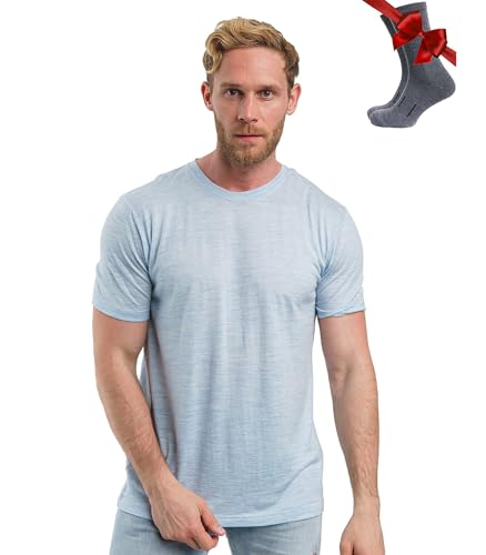 Premium Merino Shirt Herren Kurzarm - Thermooberteile 100% Merino Unterwäsche Herren + Wanderwollsocken (Arctic Blue, XX-Large) von Merino.tech