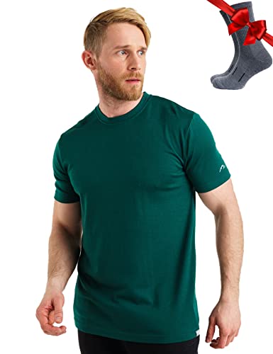 Premium Merino Shirt Herren Kurzarm - Thermooberteile 100% Merino Unterwäsche Herren + Wanderwollsocken (Large, Emerald Green) von Merino.tech