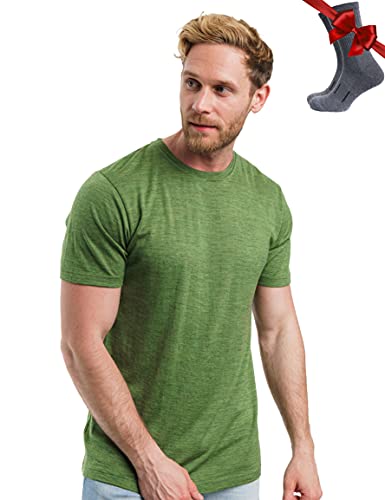 Premium Merino Shirt Herren Kurzarm - Thermooberteile 100% Merino Unterwäsche Herren + Wanderwollsocken (Olive Grove, Large) von Merino.tech