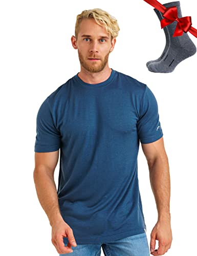 Premium Merino Shirt Herren Kurzarm - Thermooberteile 100% Merino Unterwäsche Herren + Wanderwollsocken (Small, Denim) von Merino.tech